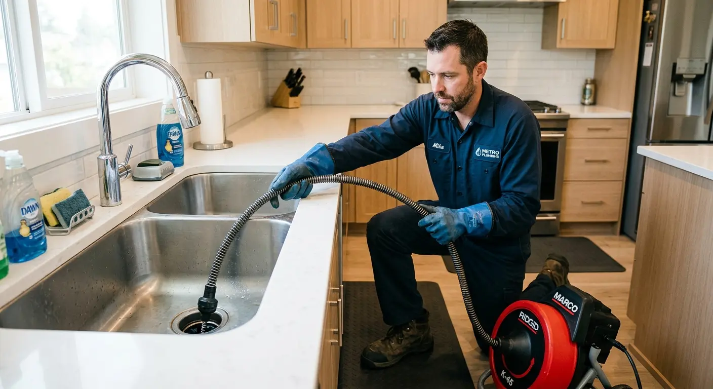 Drain cleaning technician using a motorized snake on a kitchen sink in Southeast