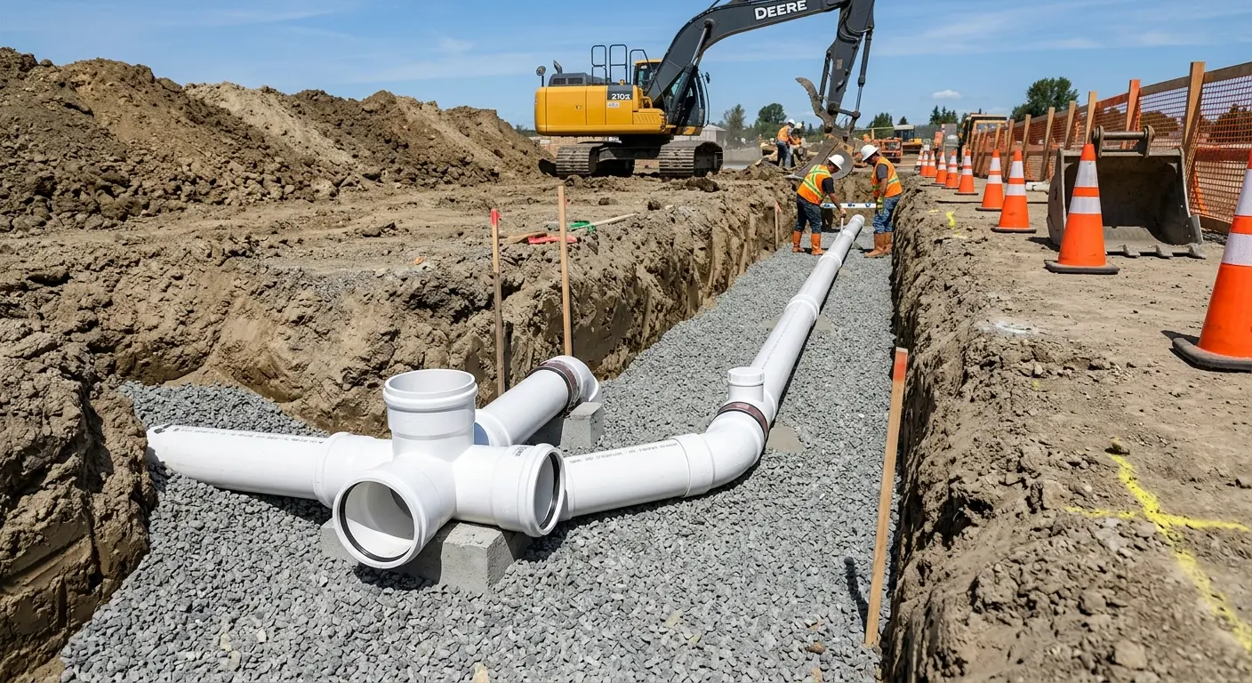 New PVC sewer pipe installation in open trench for Sewer Backup in Southeast