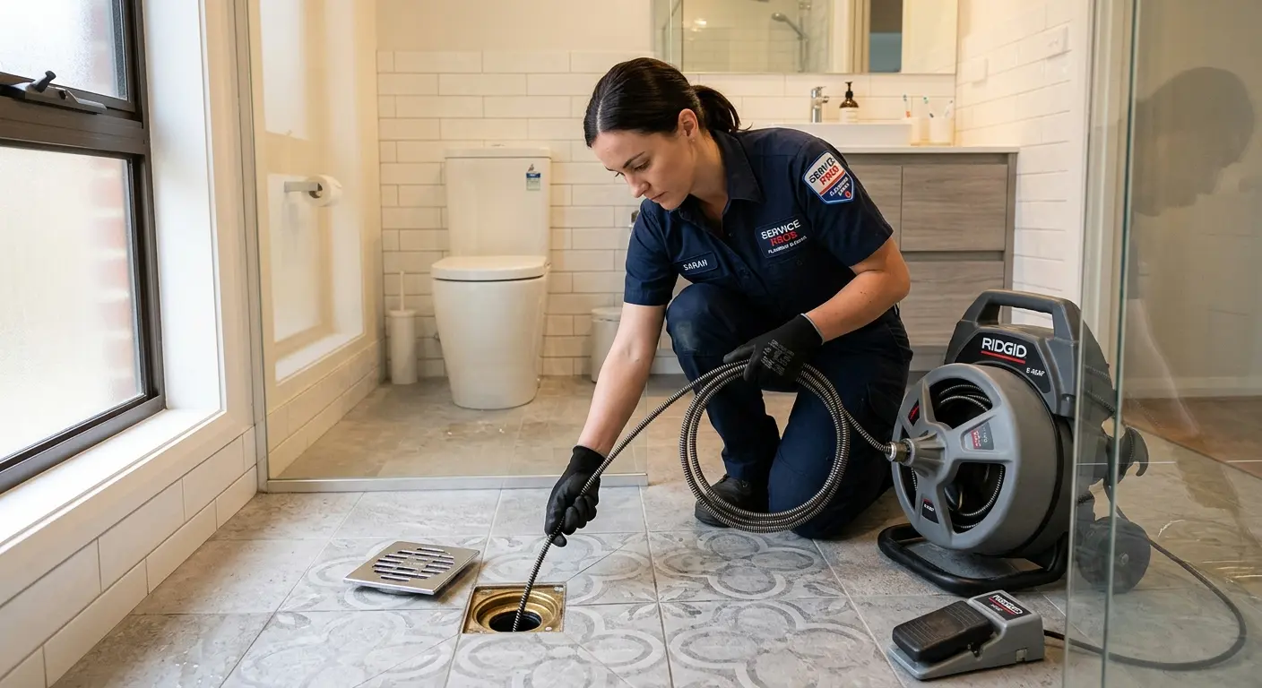 Technician clearing a bathroom floor drain for Hydro Jetting in Southeast